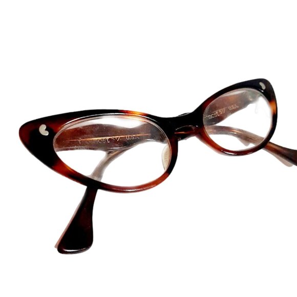 True Vintage 1950s Brown Tortoise Shell Plastic Cat Eye Glasses Fancy Sides MCM - Picture 2 of 5